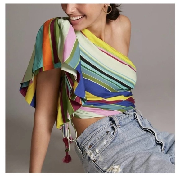 Anthropologie Hope For Flowers One Shoulder Fitted Smocked Back Top Size Medium